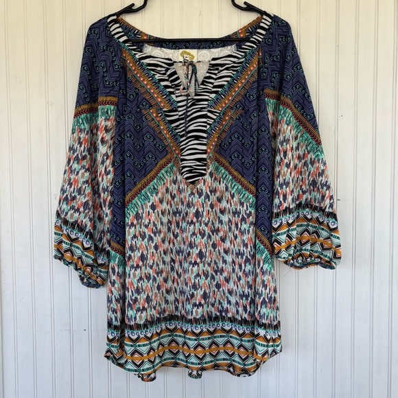 Fig and Flower Mixed Media Lace Zebra Animal Print Tribal Long Sleeve Blouse 2XL - Picture 1 of 7